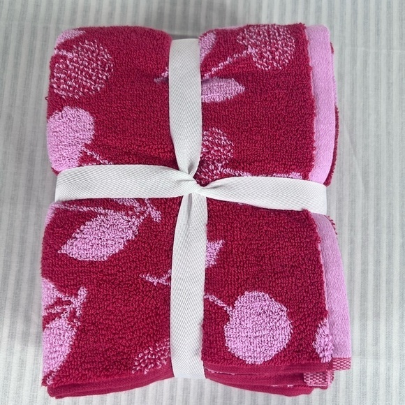 Rachel Zoe Red & Pink Cherry Hand Towels Set of 2 100% Cotton NEW - Picture 7 of 9
